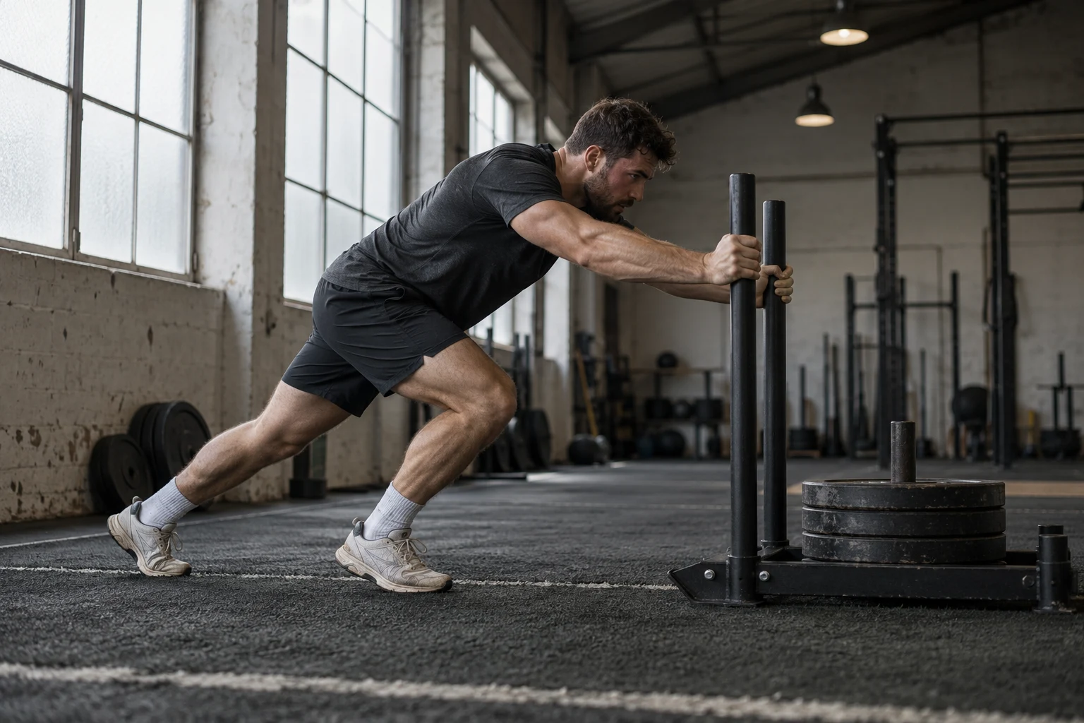 Editorial image of an athlete pushing a sled in a training space